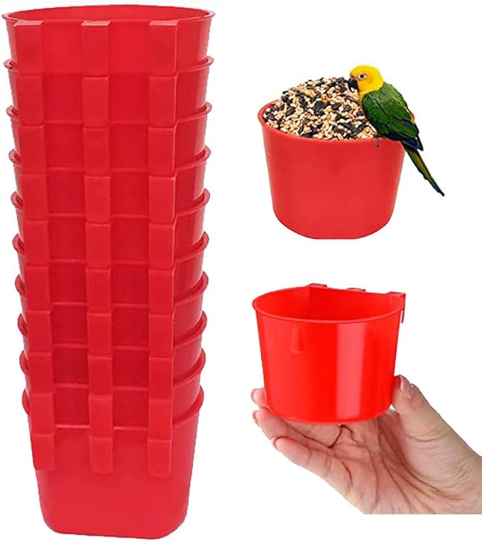 10Pcs Chicken Water Cups,Cage Cup Bird Cage Feeder,8 oz Chicken Feeders Water Bowl Hanging for Cage,Plastic Birds Feeders,Hanging Food and Water Coop Cups for Treats Grit(Red)