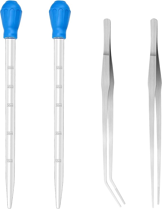 2 Piece Aquarium Coral Feeder with 2 Piece Stainless Steel Feeding Long Tweezers Syringe Spot Coral Feeder Reptile Feeding Tools for Aquatic Plant Reef Anemones Lionfish (Blue, Silvery)