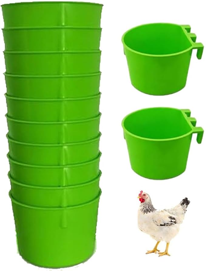 10Pcs Chicken Water Cups Cage Cup Bird Cage Feeder 8 oz Chicken Feeders Water Bowl Hanging for Cage Plastic Birds Feeders Hanging Food and Water Coop Cups for Treats Grit(Green)