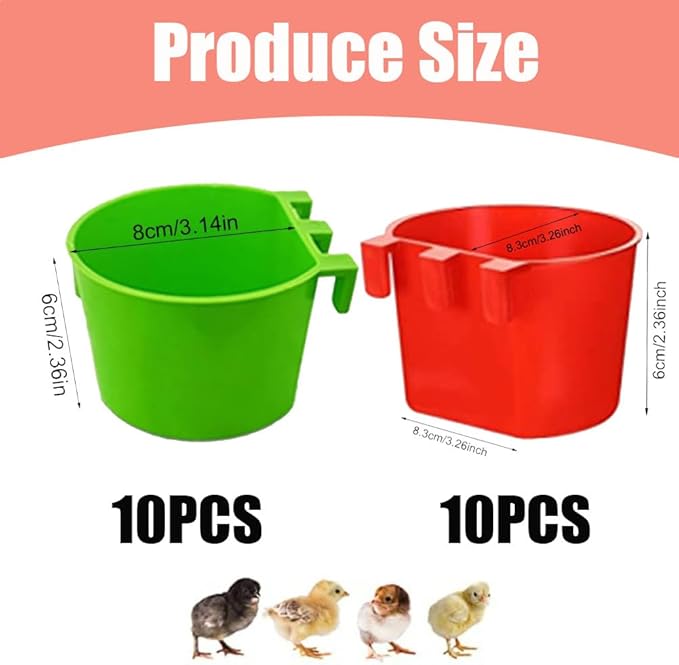 20Pcs Cage Cup Bird Cage Feeder Chicken Feeding Bowl Chicken Water Cups Hanging for Cage Chicken feeders Water Cups Hanging for Treats Grit Gamefowl Parrot Parakeet Poultry(Red+Green)