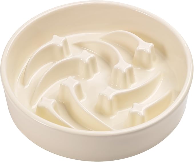 8.26 in Milk White Dog Bowl Slow Feeder Ceramic for Medium and Large Breed,Slow Feeding Dog Food Water Dish Heavy Weighted,Puppy Dish for Fast Eaters,Puzzle Eating Bowl Modern Meteor