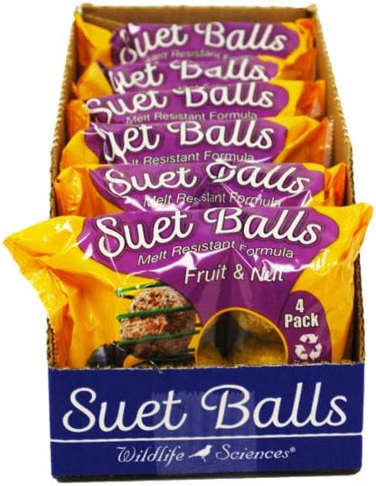 Wildlife Sciences Suet Balls 24 Pack, 6 Individually Wrapped Packs of 4 Bird Suet Balls (Fruit & Nut)