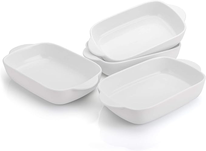 Foraineam 4 Pieces Bakeware Set, White Porcelain Baking Dish Bowl, 7.5 x 5 inch Rectangular Baking Pans for Cooking, Banquet and Daily Use