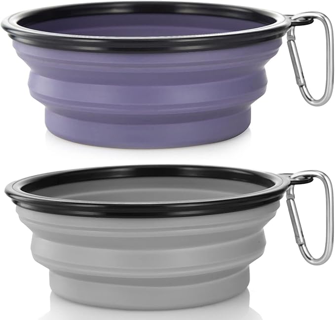 Dog Bowl Pet Collapsible Bowls, 2 Pack Collapsible Dog Water Bowls for Cats Dogs, Portable Pet Feeding Watering Dish for Walking Parking Traveling with 2 Carabiners (Large, Purple & Concrete Gray)