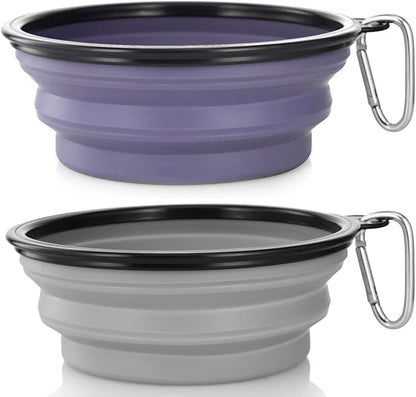 Dog Bowl Pet Collapsible Bowls, 2 Pack Collapsible Dog Water Bowls for Cats Dogs, Portable Pet Feeding Watering Dish for Walking Parking Traveling with 2 Carabiners (Large, Purple & Concrete Gray)
