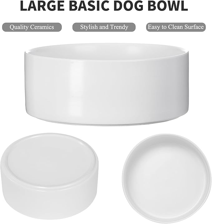 8'' Ceramic Raised Dog Bowl - 70Oz Dog Food & Water Bowl with Elevated Non-Slip Bamboo Stand, Dishwasher & Microwave Safe, Anti Vomiting Heavy Duty Pet Bowl for Medium and Large Dogs, White
