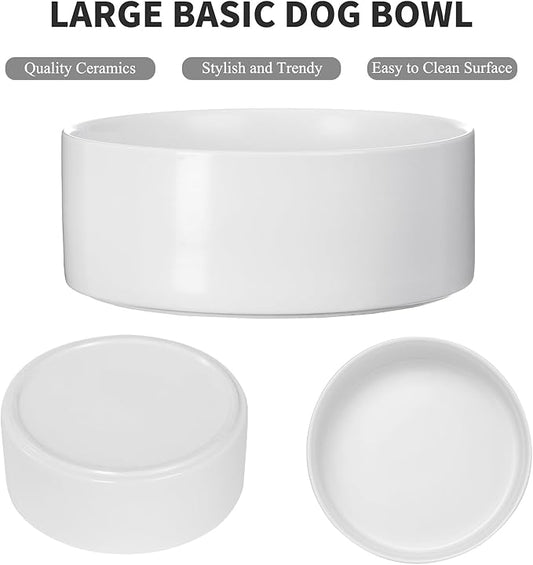 8'' Ceramic Raised Dog Bowl - 70Oz Dog Food & Water Bowl with Elevated Non-Slip Bamboo Stand, Dishwasher & Microwave Safe, Anti Vomiting Heavy Duty Pet Bowl for Medium and Large Dogs, White