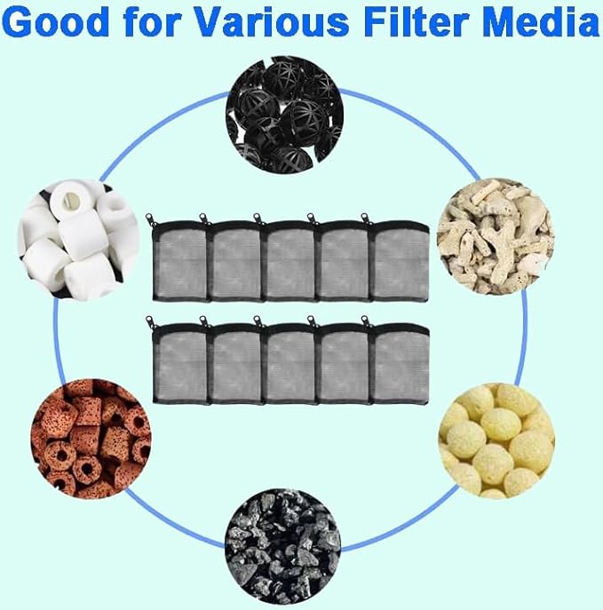 AQUANEAT 10pcs Aquarium Filter Media Bags, Fish Tank Coarse Mesh Bags with Plastic Zipper for Activated Carbon (3" x 4")