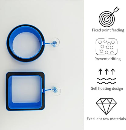 2Pcs Thicken Fish Feeding Rings Blue Mixed Shape Floating Food Feeder Circle with Suction Cup for Fishes Tank Aquarium Turtle Betta Goldfish Small Fish Feeding Accessories Duckweed Ring
