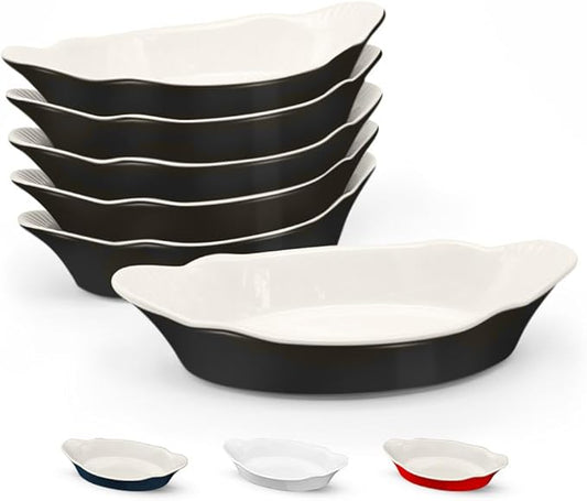 Au Gratin Baking Dishes, by Kook, Mini Casserole Dish, Set of 6, for Banana Split, Oven and Microwave Safe, Dishwasher Safe, Ceramic Serving Dishes, Lasagna & Cobblers, Individual Serving, 12 oz (Black)
