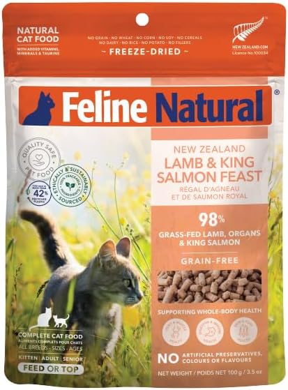 Feline Natural High Protein Dry Cat Food, Freeze-Dried Diet with 98% Meat, Organs & Seafood, No Peas, Grains, or Artificial Additives, Made in New Zealand, Lamb & King Salmon, 3.5oz
