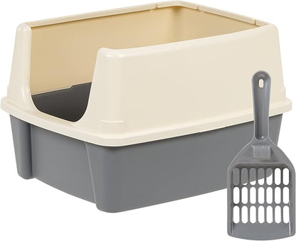 Amazon Basics Large Cat Litter Box with High Sides, Open Top, Includes Scoop, 19 x 15 x 11.75 inches, Grey/Beige