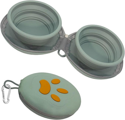 2-in-1 Collapsible Silicone Pet Bowl Double Compartment Portable Dog Cat Dish with Carabiner Clip for Travel Camping Hiking (Green)