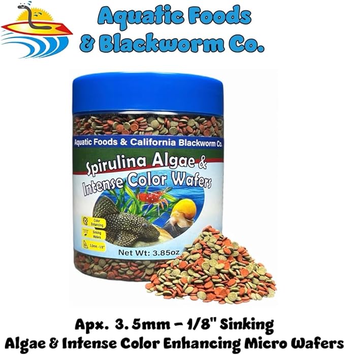 Aquatic Foods Inc. 3.5mm - 1/3" Small Sinking Wafers of Spirulina, Algae & Color Enhancing Wafers for Bottom Fish, Shrimp, Snails, All Fish. 4-Type Wafer & 12-Type Pellet Mix Included 6oz