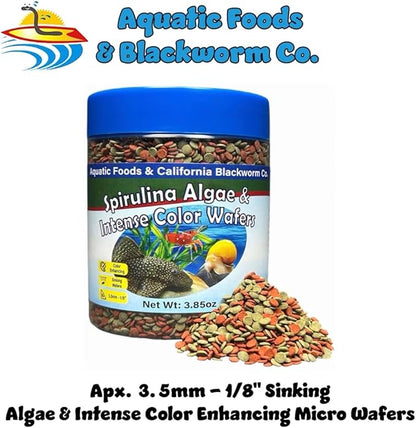 Aquatic Foods Inc. 3.5mm - 1/3" Small Sinking Wafers of Spirulina, Algae & Color Enhancing Wafers for Bottom Fish, Shrimp, Snails, All Fish. 4-Type Wafer & 12-Type Pellet Mix Included 6oz