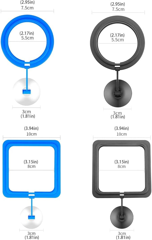 4 Aquarium Feeding Rings, Fish Tank Stations, Floating Food Trays, feeders, Square Circular attachments, Fish Food feeders, Suction Cups, Black, Suitable for Turtles, Turtles, Goldfish, Peacock fishs