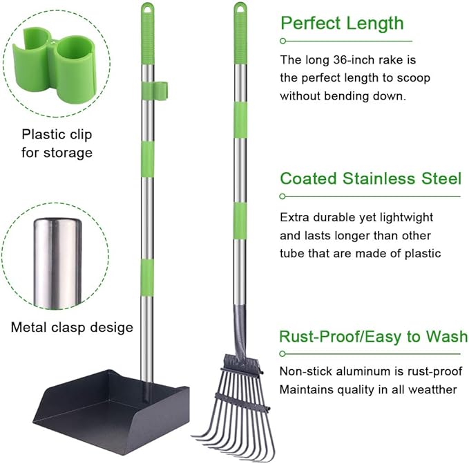 TNELTUEB Extra Large Dog Pooper Scooper, Metal Pet Poop Tray & Rake Set, Adjustable Long Handle for Large Dogs - Great for Grass/Street/Gravel