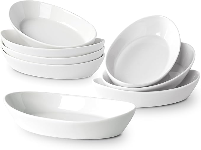 Au Gratin Baking Dishes for Oven Safe, Porcelain Mini Casserole Dish (8pc Set). 10oz Individual Gratin Dishes Set, Ceramic Small Baking Dish for Single Serving, Banana Split Bowls, 7.6x4.4in