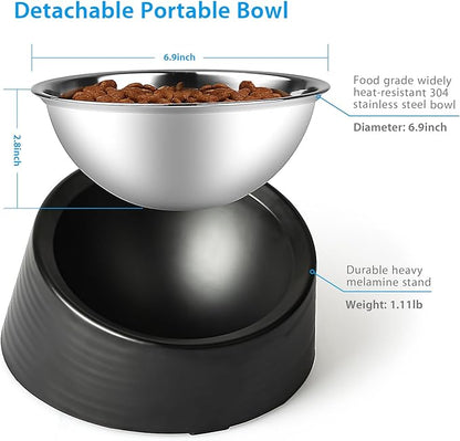 Tilted Angle Dog Bowl, 15° Slanted Stainless Steel Dog Cat Food Bowl, Non-Slip & Non-Spill Pet Feeder with Elevated Detachable Melamine Stand, Easy to Get Food Dish, Large 2 Cup Black