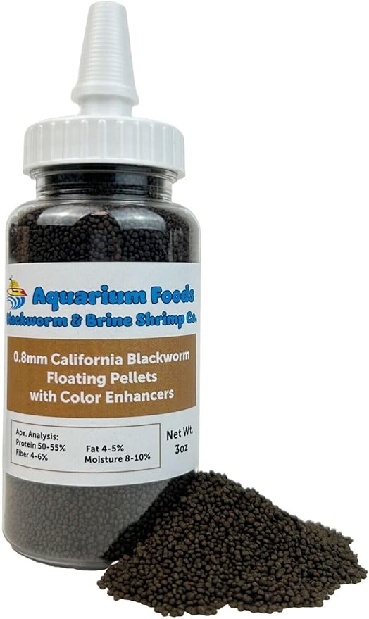 Aquatic Foods Inc. 0.8mm Micro California Blackworm Floating Pellets w/Color Enhancers & Vitamins for Guppies, Tetras, Bettas, Nano Fish, All Baby Fish…3oz Squeeze Bottle