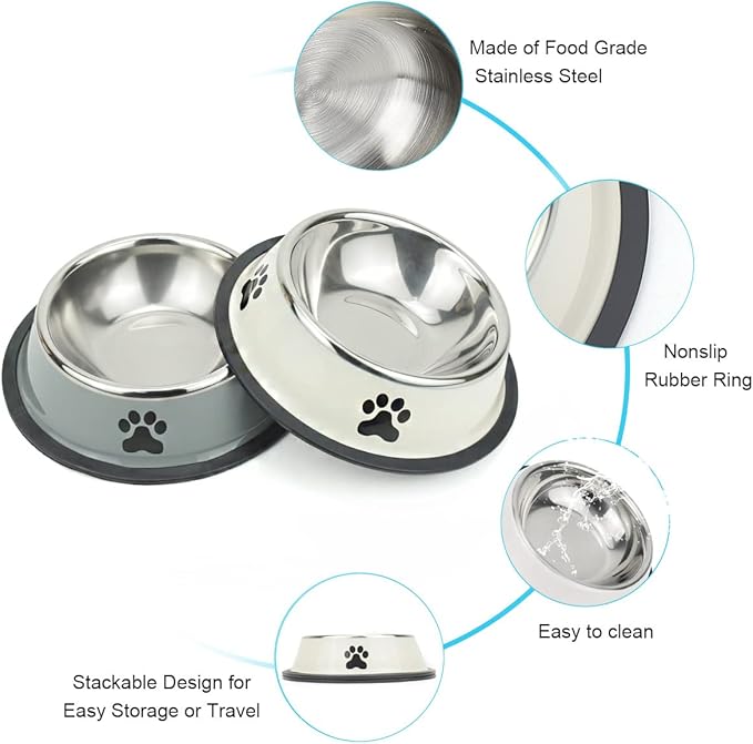 Stainless Steel Dog Bowls, Food and Water Non Slip Anti Skid Stackable Pet Puppy Dishes for Small, Medium and Large Dogs (2 Pack)