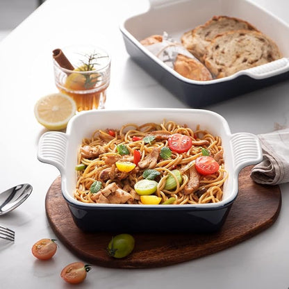 Sweejar Ceramic Baking Dish, 8 x 8 Cake Baking Pan for Brownie, Porcelain Square Bakeware with Double Handle for Casserole, Lasagna, Family Dinner (Navy)