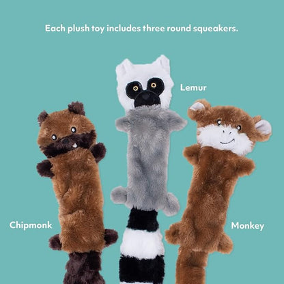 ZippyPaws Skinny Peltz - No Stuffing Dog Toy Pack to Keep Them Busy, for Medium and Large Dogs, Squeaky Pet Toys, Unstuffed Chew Toys, Soft Plush Variety Pack, Chipmunk, Lemur, and Monkey - 18"