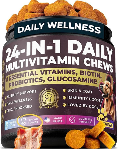24-in-1 Complete Multivitamin Treats for Dogs - PhD Endorsed 8 Vitamins, Biotin, Probiotics, Glucosamine - Daily Wellness, Immunity, Skin & Coat, Mobility 140 Treats - Bacon Flavor - Made in USA