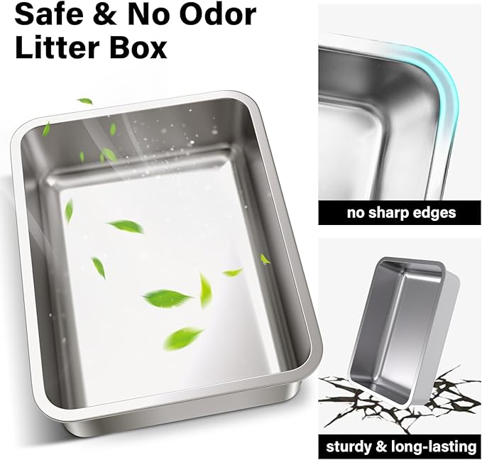Stainless Steel Litter Box 2 Pack- 17.7" L x 13.77" W x 4" H Metal Cat Litter Box,Non Stick, No Smell,Easy to Clean,Metal Litterbox for Kitten,Elderly Cats,Bunny