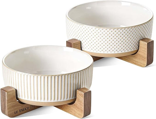 LE TAUCI PET Ceramic Dog Bowls for Medium Large Dogs - 5 Cup Large Dog Food and Water Bowls with Wood Stand, Cute Pet Dishes Set of 2, Lines+Dot