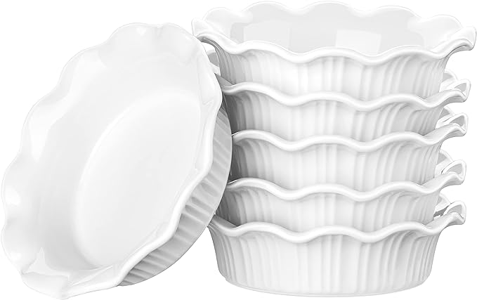 LOVECASA Ceramic Mini Pie Pans Set of 6-5.5 Inch Oven Safe Small Pie Dishes, Nonstick Mini Pot Pie Baking Tins for Chicken Pot Pie, Tarts, Quiches & Desserts, Stackable Ruffled Rims, White