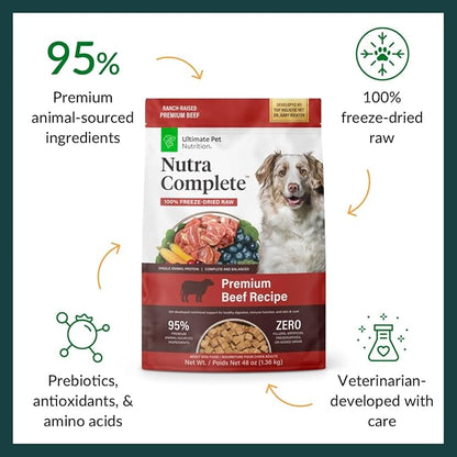 ULTIMATE PET NUTRITION Nutra Complete Freeze Dried Raw Dog Food, Veterinarian Formulated with Antioxidants, Prebiotics & Amino Acids (3 Pound, Beef)