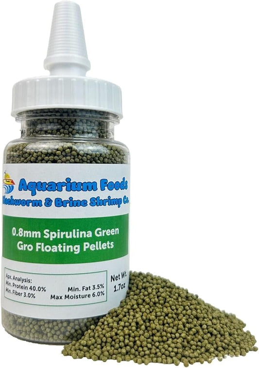 Aquatic Foods Inc. 0.8mm Micro Spirulina Green GRO Floating Pellets for Guppies, Tetras, Bettas, Nano Fish, All Baby Fish…1.7oz Squeeze Bottle