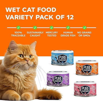Wet Cat Food Variety Pack Tuna, Salmon, Sardines, Tuna/Salmon in Gravy, 100% Mercury-Tested, Moist Can Fish for Cats, Grain-Free, Protein, Non-GMO, Pack of 12