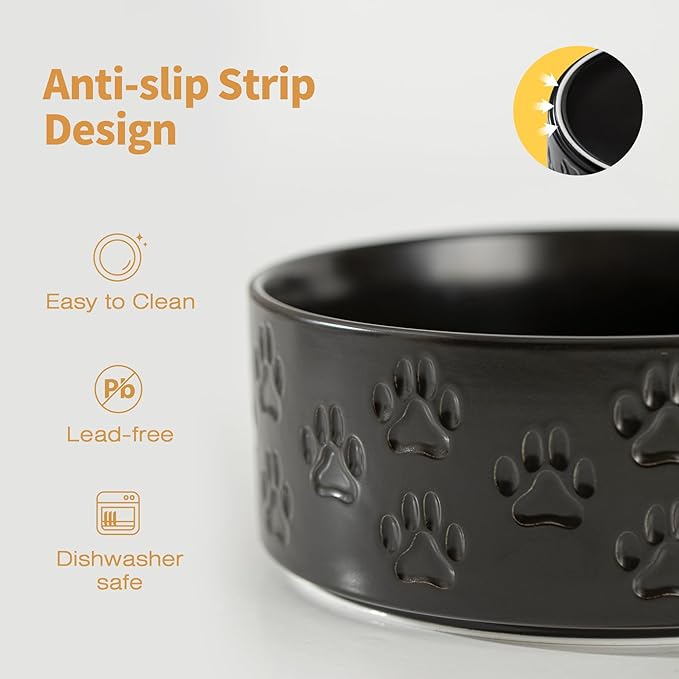 5.1" Non-Slip Ceramic 2 - Piece Dog Bowl Set for Toy Breed Dogs - Food and Water Bowls for Puppy, Pet Dishes for Cats, Kitty (Double Bowls - Black, 5.1 inch)