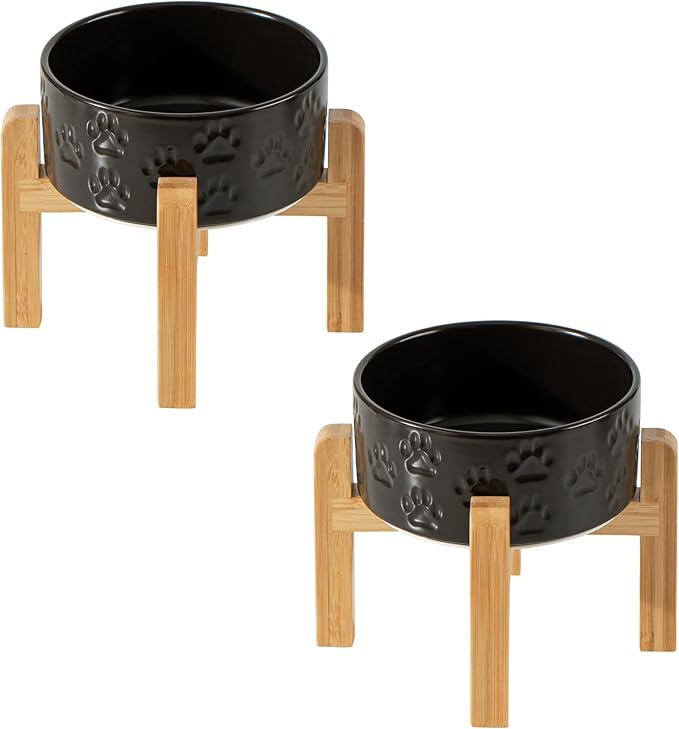 2 Pack Elevated Ceramic Dog Bowls, 6.1 inch Raised Dog Bowl with 2-Height Adjustable Stand for Small Dogs, Reducing Neck Strain (Double Bowls + Double Stands - Black, 6 inch)
