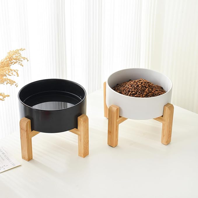 6'' Ceramic Raised Dog Bowl - 30Oz Dog Food & Water Bowl with Elevated Non-Slip Bamboo Stand, Dishwasher & Microwave Safe, Anti Vomiting Heavy Duty Pet Bowl for Small and Medium Dogs, Black