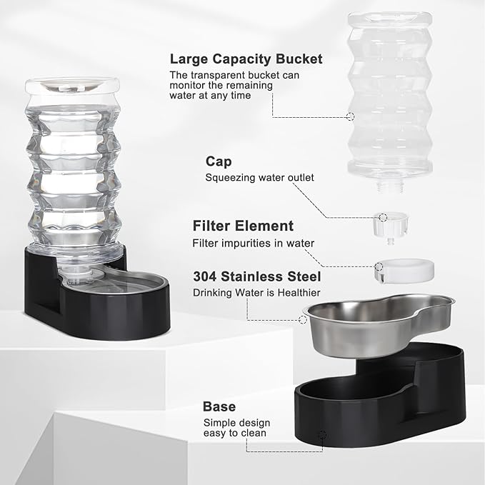 RIZZARI Dog Food Water Dispenser: 7L Automatic Black Large Stainless Steel Waterer with Filter - Gravity Water Feeder - Healthy Hydration for Pets Indoors Outdoors
