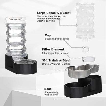 RIZZARI Dog Food Water Dispenser: 7L Automatic Black Large Stainless Steel Waterer with Filter - Gravity Water Feeder - Healthy Hydration for Pets Indoors Outdoors