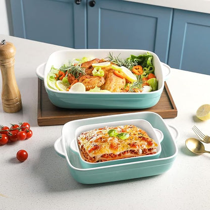 Sweejar Casserole Dishes for Oven, Ceramic Bakeware Set of 3, Lasagna Pan Deep with Handle, Rectangular Baking Pan Set, 9x13 Baking Dish for Cooking, Banquet and Daily Use (White)