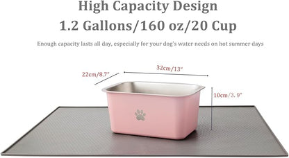 1.2 Gallons 20 Cup Non Slip Stainless Steel Large Dog Water Bowls, Outdoor Metal Dog Bowls Large Breed, High Capacity Water Bowl for Big Giant Huge Dogs, Pink