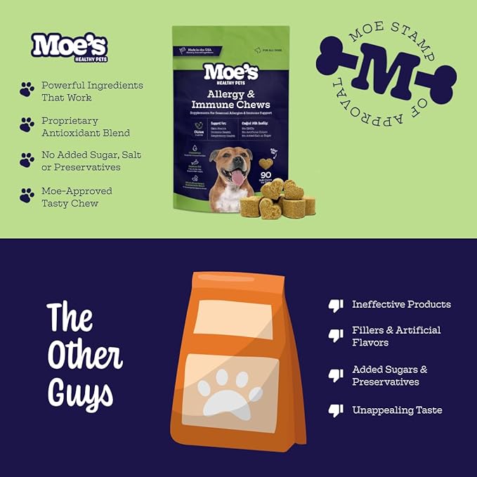 Moe’s Allergy and Immune Chews for Dogs – 90ct Soft Dog Allergy Supplement Bites for Itchy Skin, Seasonal Allergies and Skin Health – Vet-Formulated (Savory Chicken)