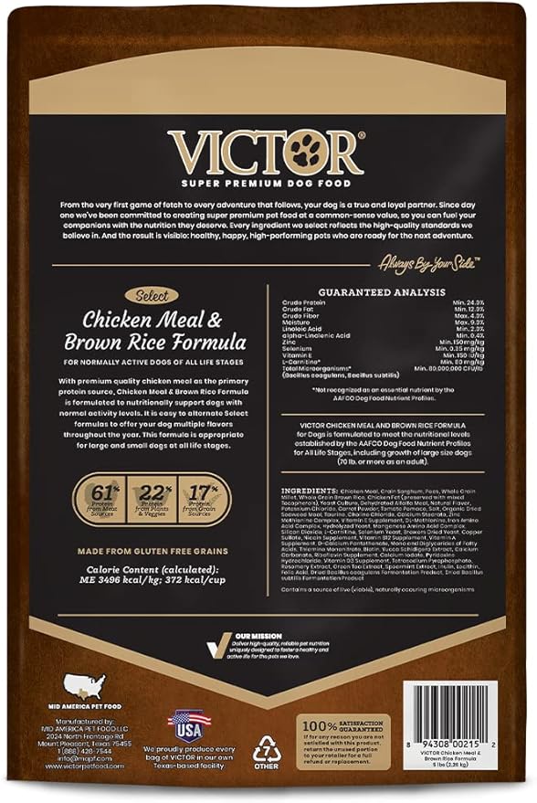 VICTOR Super Premium Dog Food – Chicken Meal & Brown Rice for All Normally Active Dogs of All Life Stages – Gluten-Free, Digestive & Immune Support, Ideal for Dogs with Meat Protein Allergies, 5 lb