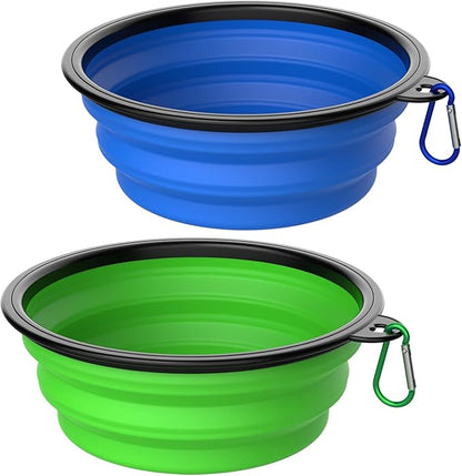 Takfox Collapsible Dog Bowls [2 Pack] 20 oz, Travel Dog Bowls, Pet Bowl Portable Foldable Water Food Feeding Dishes with Carabiner Clip for Traveling Hiking Walking-Green & Blue
