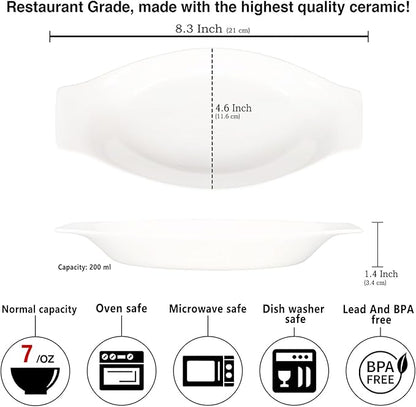 6" x 4" Ceramic Oval Small Au Gratin Baking Dishes 7 oz, Set of 4 Banana Split Bowls, Oven and Microwave Safe, for 1 person servings, Bakeware with Handle(8.3 IN) for Kitchen and Home