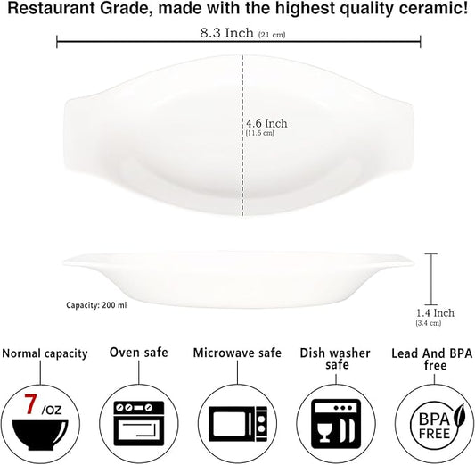 6" x 4" Ceramic Oval Small Au Gratin Baking Dishes 7 oz, Set of 4 Banana Split Bowls, Oven and Microwave Safe, for 1 person servings, Bakeware with Handle(8.3 IN) for Kitchen and Home