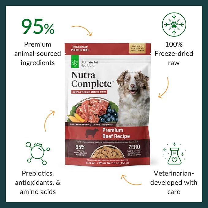 ULTIMATE PET NUTRITION Nutra Complete, 100% Freeze Dried Veterinarian Formulated Raw Dog Food with Antioxidants Prebiotics and Amino Acids, (1 Pound (Pack of 4), Beef)
