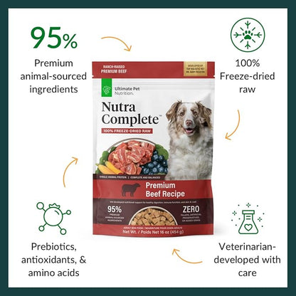 ULTIMATE PET NUTRITION Nutra Complete, 100% Freeze Dried Veterinarian Formulated Raw Dog Food with Antioxidants Prebiotics and Amino Acids, (1 Pound (Pack of 4), Beef)