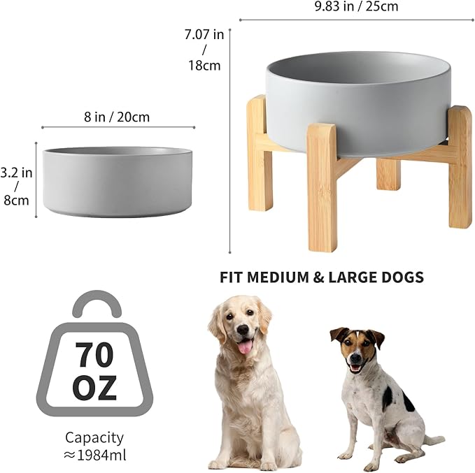8'' Ceramic Raised Dog Bowl - 70Oz Dog Food & Water Bowl with Elevated Non-Slip Bamboo Stand, Dishwasher & Microwave Safe, Anti Vomiting Heavy Duty Pet Bowl for Medium and Large Dogs, Grey