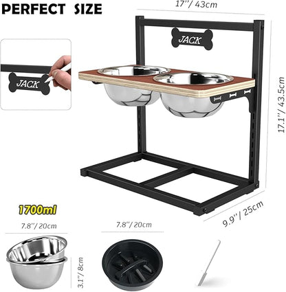 Elevated Dog Bowls with Slow Feeder - 9 Heights Adjustable Raised Dog Bowl Stand with Two 1.7L Stainless Steel Pet Food Bowls & Slow Feeder, Perfect for Medium Large Sized Dogs and Cats